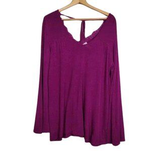 Casual Magenta Top Blouse Womens Embroidered V-Neck Long Sleeve Size 12-14